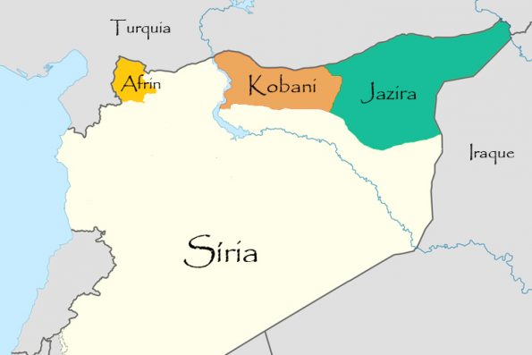 Mapa com os cantões de Rojava no Norte da Síria.