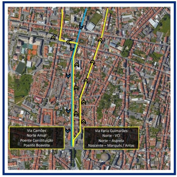 No mapa é possível verificar a forma como a câmara pretende descongestionar o trânsito da Rua Faria Guimarães.